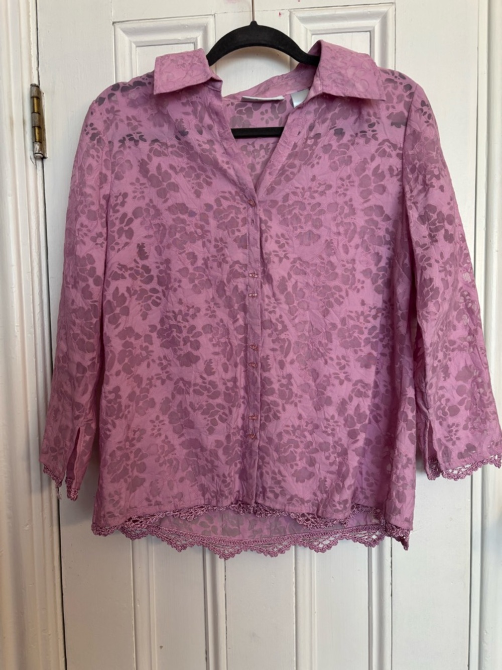 JH Collectibles Lavender Pink Floral Lace-Trim Button Down Blouse